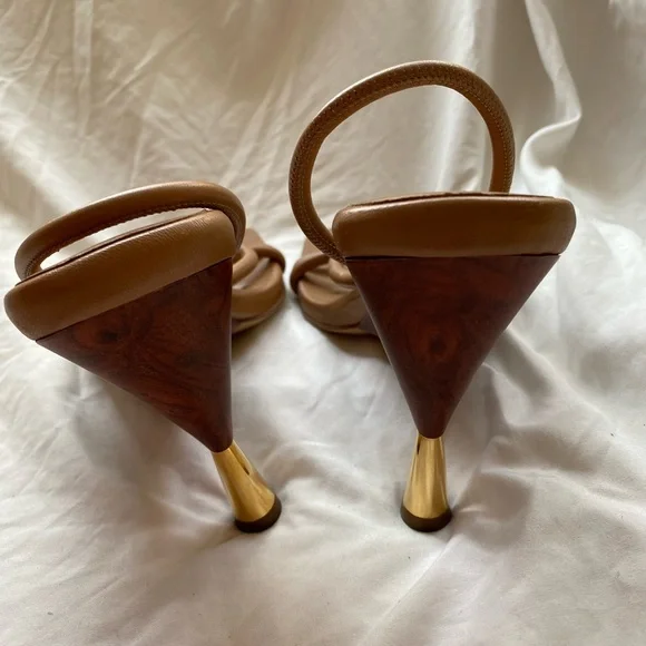 Gia Borghini Tan Strappy Square-Toe Heels with Gold Flared Heel - Picture 8 of 10